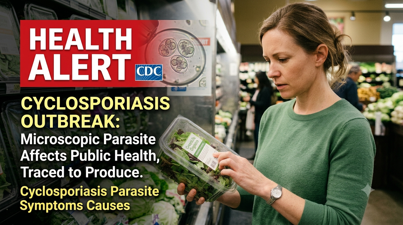 CDC health alert graphic for cyclosporiasis parasite symptoms causes outbreak