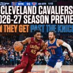 Cleveland Cavaliers Donovan Mitchell (#45) drives against New York Knicks Jalen Brunson (#11) on a basketball court. Text overlay reads: Cleveland Cavaliers 2026-27 Season Preview: Can They Get Past the Knicks?"