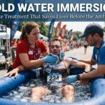 Two medics treat a distressed runner in an ice water bath at a race finish line.