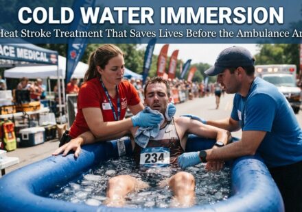 Two medics treat a distressed runner in an ice water bath at a race finish line.