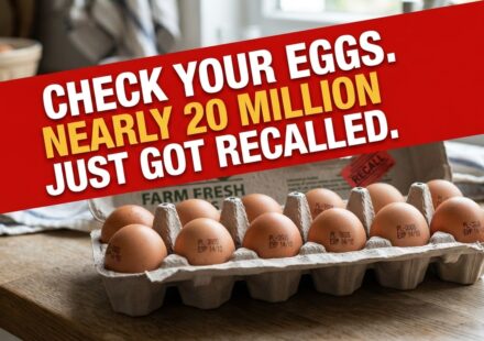 A photo of an open carton of brown eggs on a kitchen counter with a large, red, diagonal warning banner across the top. The text on the banner reads in bold white and yellow font: 'CHECK YOUR EGGS. NEARLY 20 MILLION JUST GOT RECALLED.