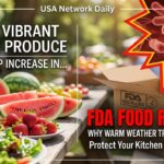 A picnic table filled with fresh summer produce like watermelon and strawberries next to an FDA Recalled box and a red bacteria graphic illustrating a rise in FDA food recalls.