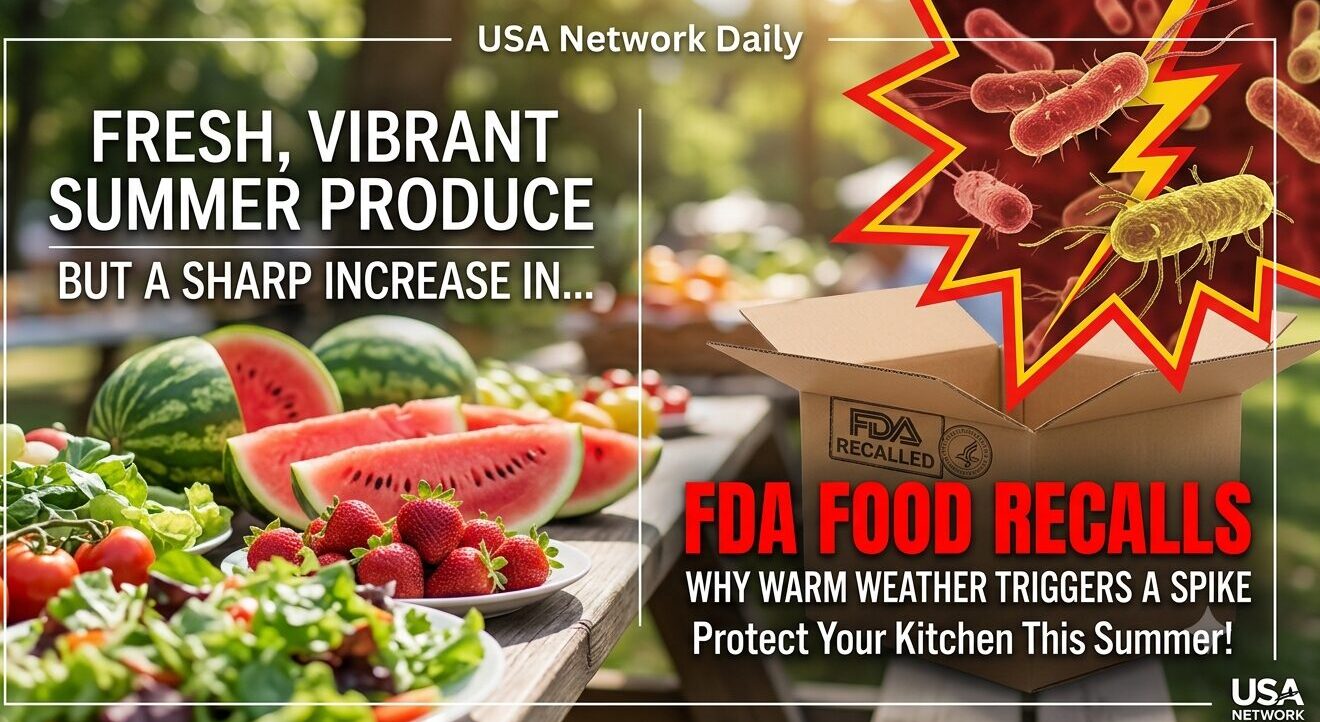 A picnic table filled with fresh summer produce like watermelon and strawberries next to an FDA Recalled box and a red bacteria graphic illustrating a rise in FDA food recalls.