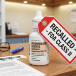 A prescription steroid eye drop bottle held next to an official warning label highlighting the nationwide 2.5 million bottle Class II recall.