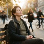 "A person sitting on a park bench with eyes closed, finding a moment of calm and grounding while a busy, blurred city street scene moves in the background.