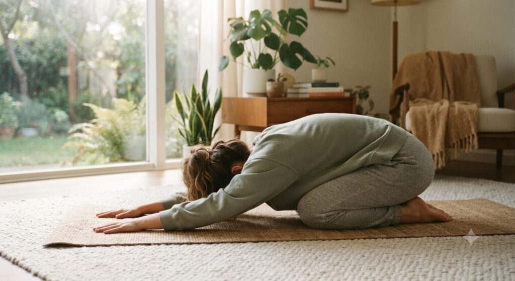 A person practicing gentle yoga in a peaceful, sunlit living room, performing a relaxing stretch to release stress and improve mental well-being.