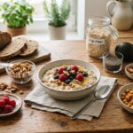 A rustic wooden table featuring high-fiber foods including a bowl of oatmeal with raspberries and walnuts, whole wheat bread, and chickpeas