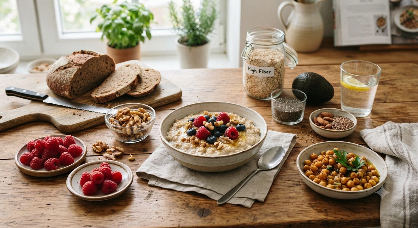 A rustic wooden table featuring high-fiber foods including a bowl of oatmeal with raspberries and walnuts, whole wheat bread, and chickpeas