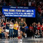 Indiana Fever players celebrate on court at Michelob ULTRA Arena during a 109-75 victory over the Las Vegas Aces, with the arena scoreboard displaying game stats.