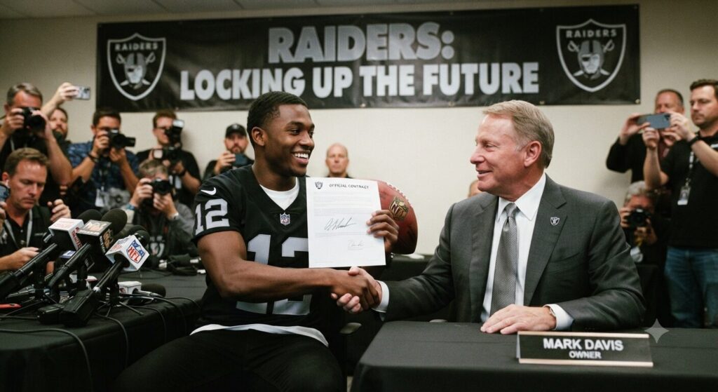 Las Vegas Raiders owner Mark Davis shakes hands with a smiling rookie player wearing a #12 jersey during a press conference to sign his official contract. The background banner reads 'RAIDERS: LOCKING UP THE FUTURE'."