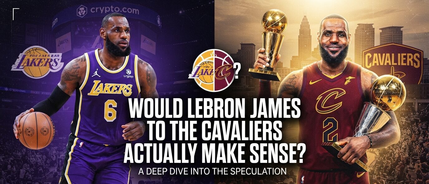 LeBron James in a Los Angeles Lakers uniform on the left and holding two NBA trophies in a Cleveland Cavaliers uniform on the right, with bold text in the center asking, "Would LeBron James to the Cavaliers Actually Make Sense?"