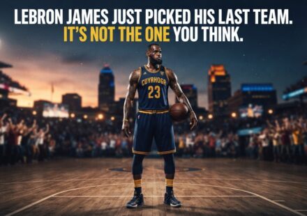 LeBron James standing on a basketball court in a custom jersey with bold text overlay reading LeBron James Just Picked His Last Team. It's Not the One You Think.