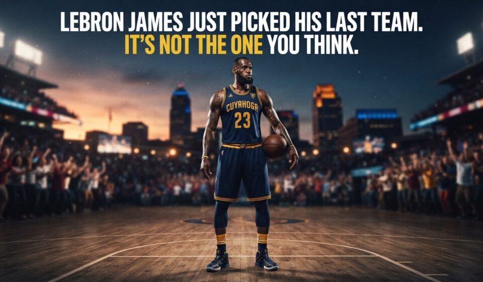 LeBron James standing on a basketball court in a custom jersey with bold text overlay reading LeBron James Just Picked His Last Team. It's Not the One You Think.