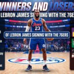 Infographic displaying winners and losers of LeBron James signing with the Philadelphia 76ers, featuring Joel Embiid and Tyrese Maxey