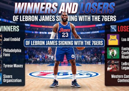 Infographic displaying winners and losers of LeBron James signing with the Philadelphia 76ers, featuring Joel Embiid and Tyrese Maxey