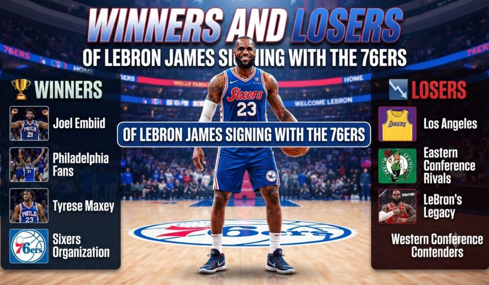 Infographic displaying winners and losers of LeBron James signing with the Philadelphia 76ers, featuring Joel Embiid and Tyrese Maxey