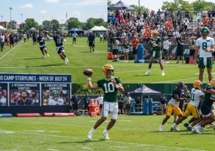 NFL players practicing on the field during training camp with a graphic overlay reading "Training Camp Storylines - Week of July 24".