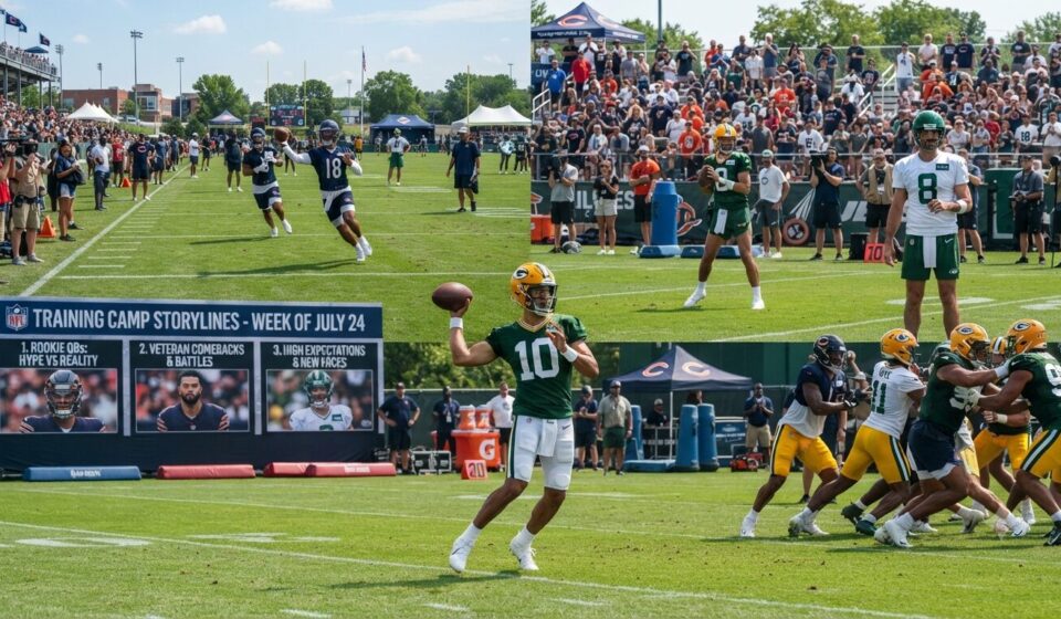 NFL players practicing on the field during training camp with a graphic overlay reading "Training Camp Storylines - Week of July 24".