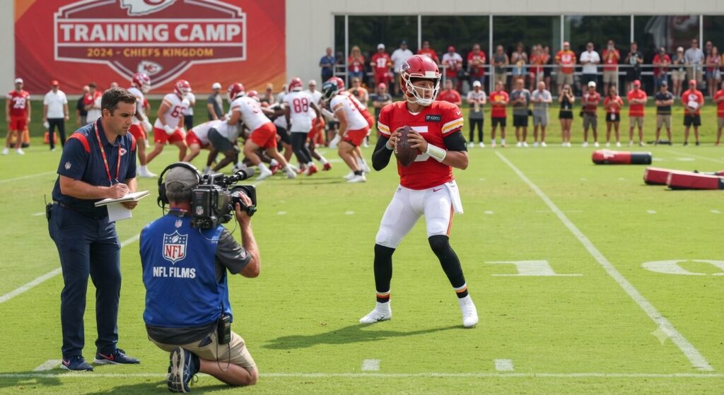 Kansas City Chiefs quarterback Patrick Mahomes practices drills during NFL training camp, wearing his red jersey and helmet with media and coaches observing from the sidelines.