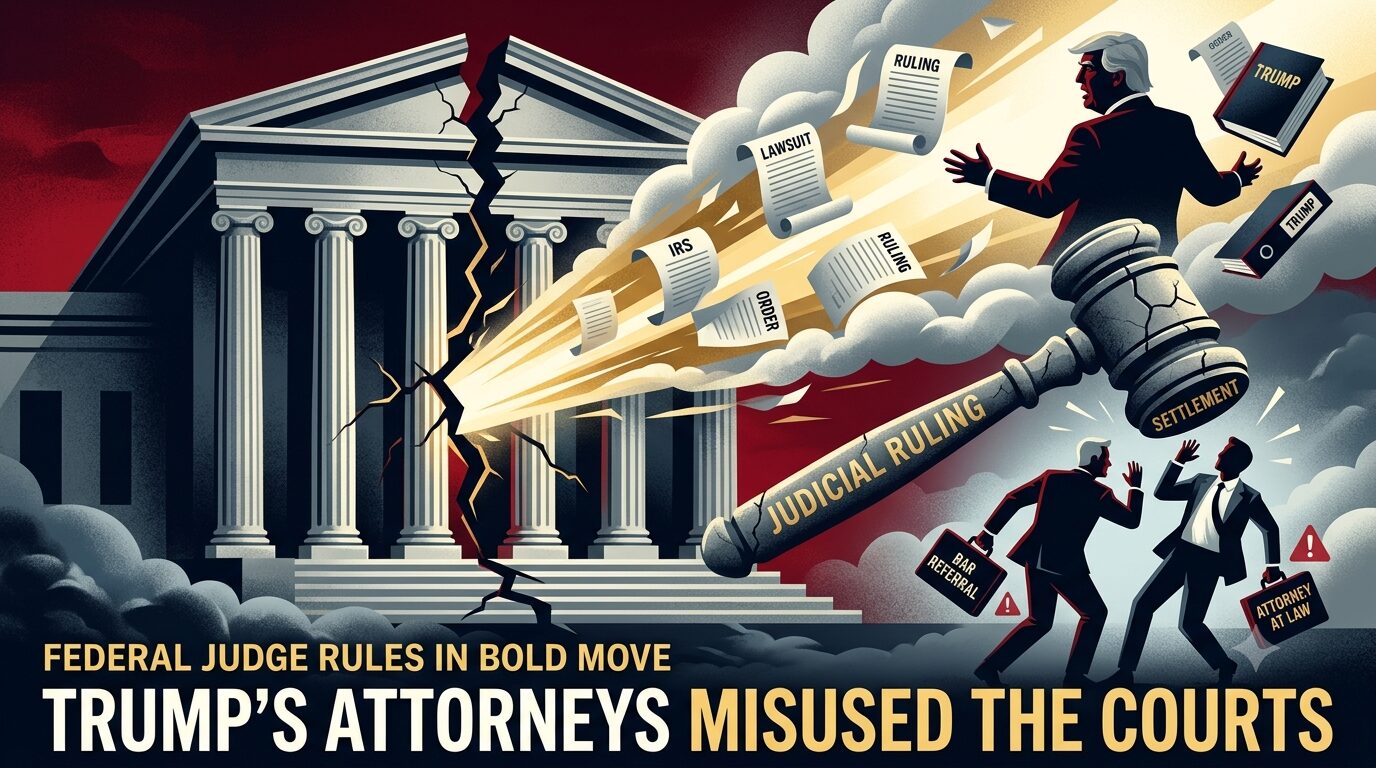 An editorial illustration featuring a legal gavel smashing an IRS settlement document alongside text reading Trump's attorneys misused the courts.