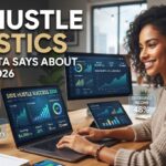 A professional woman working on a laptop with charts and graphs on the screen, displaying 2026 side hustle statistics, including income growth and success rates."