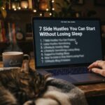 Close-up of a laptop in a cozy home office at night displaying a blog post about side hustles