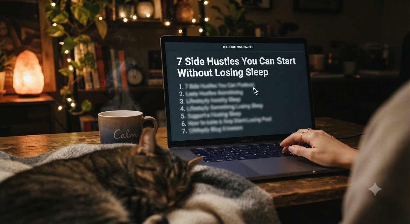 Close-up of a laptop in a cozy home office at night displaying a blog post about side hustles