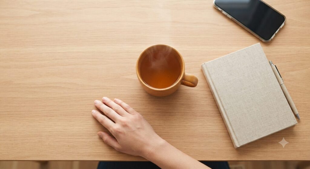 Flat lay of a calm morning routine featuring a steaming mug of tea, a notebook, and a phone facedown on a wooden table, representing mindful stress-relief habits."