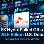 A high-tech digital stock market display showing the SK Hynix logo and ticker data celebrating a record-breaking Nasdaq debut.