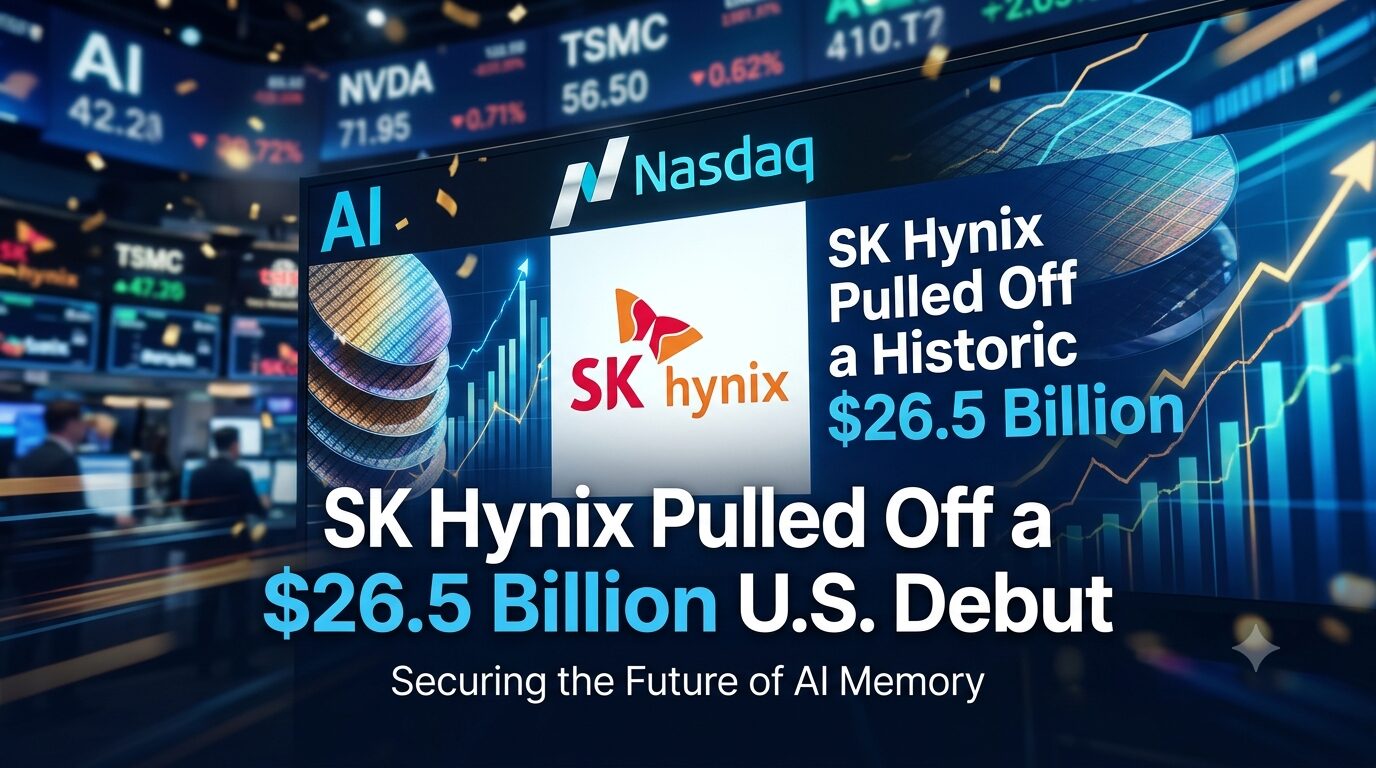 A high-tech digital stock market display showing the SK Hynix logo and ticker data celebrating a record-breaking Nasdaq debut.