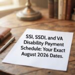 A wooden desk displaying a paper calendar note detailing the SSI, SSDI, and VA disability payment schedule dates for August 2026.