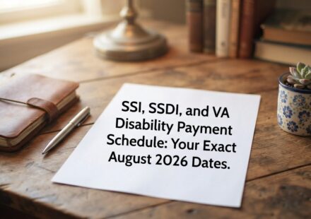 A wooden desk displaying a paper calendar note detailing the SSI, SSDI, and VA disability payment schedule dates for August 2026.
