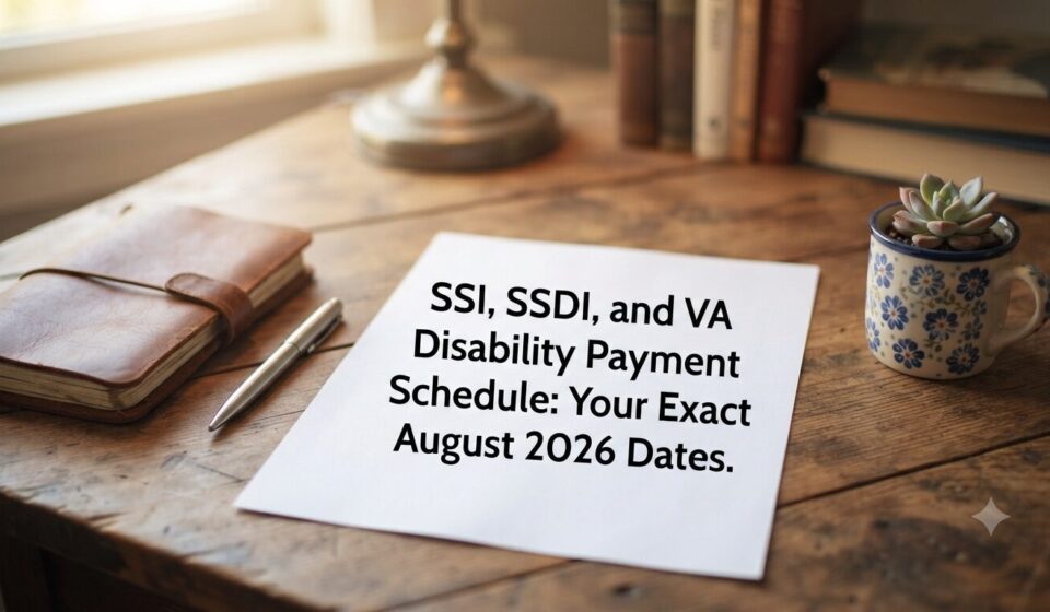 A wooden desk displaying a paper calendar note detailing the SSI, SSDI, and VA disability payment schedule dates for August 2026.
