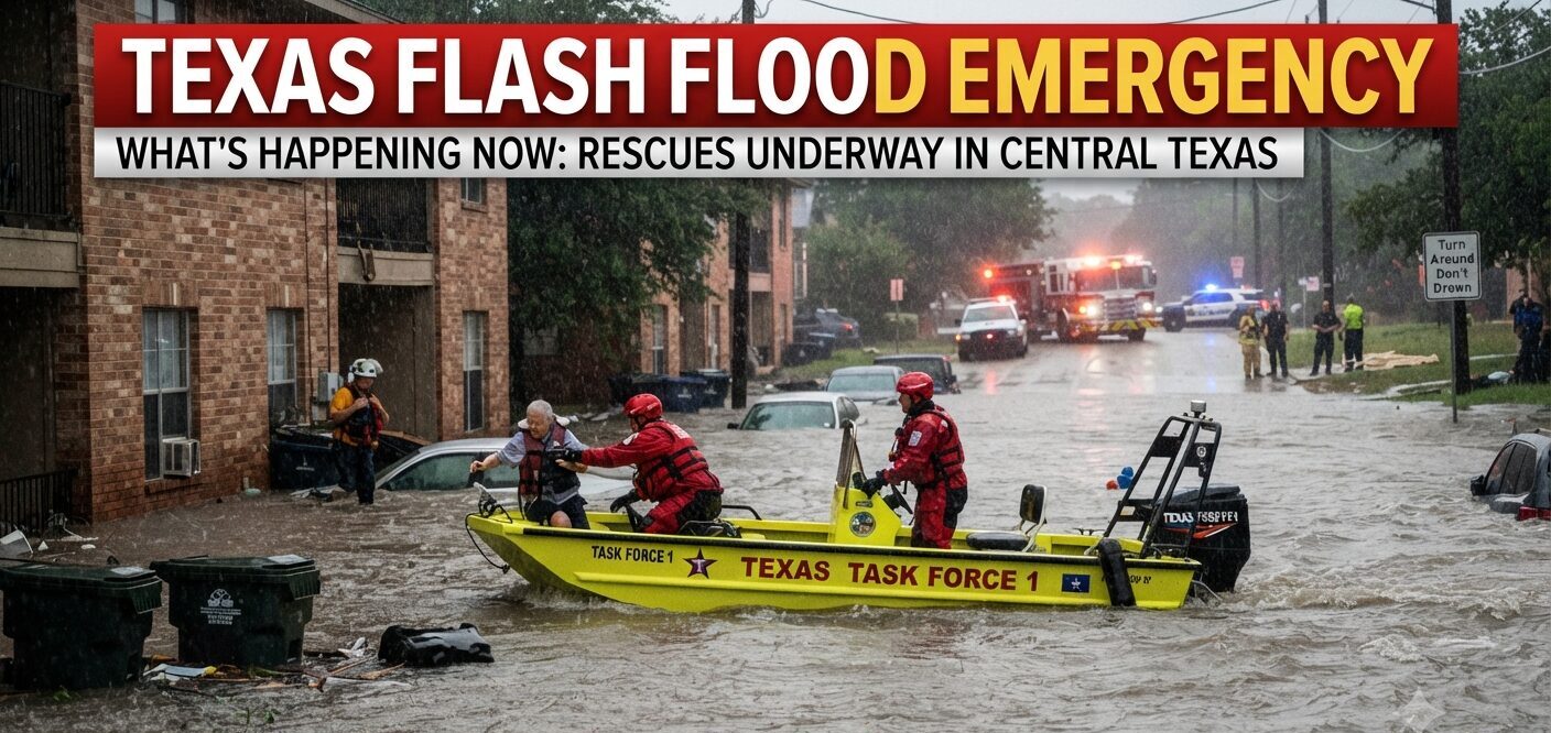 Texas Task Force 1 boat performing a rescue of a resident during a flash flood in a residential area."