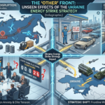 Conceptual 4-panel infographic detailing the 'Other Front' consequences of the Ukraine Energy Strike Strategy: Supply Chain Disruption, Domestic Discontent, Political Pressure, and Strategic Air Defense Shifts.