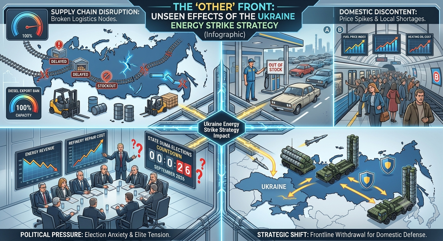 Conceptual 4-panel infographic detailing the 'Other Front' consequences of the Ukraine Energy Strike Strategy: Supply Chain Disruption, Domestic Discontent, Political Pressure, and Strategic Air Defense Shifts.