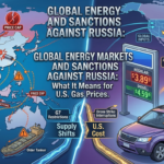 A conceptual graphic showing a large American gas station price sign displaying high regular gasoline prices (e.g., $3.89) alongside an inset map visualization of the global energy markets and sanctions against Russia, featuring the conflict zone and international trade flow pathways.