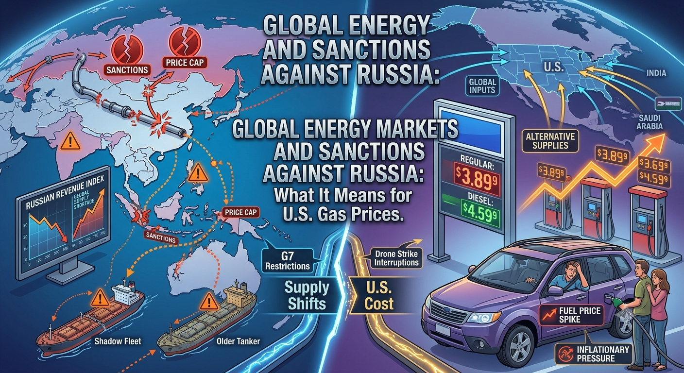 A conceptual graphic showing a large American gas station price sign displaying high regular gasoline prices (e.g., $3.89) alongside an inset map visualization of the global energy markets and sanctions against Russia, featuring the conflict zone and international trade flow pathways.
