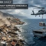 A military helicopter carrying emergency humanitarian supplies from an offshore naval ship to the damaged coastline during the Venezuela earthquake response.