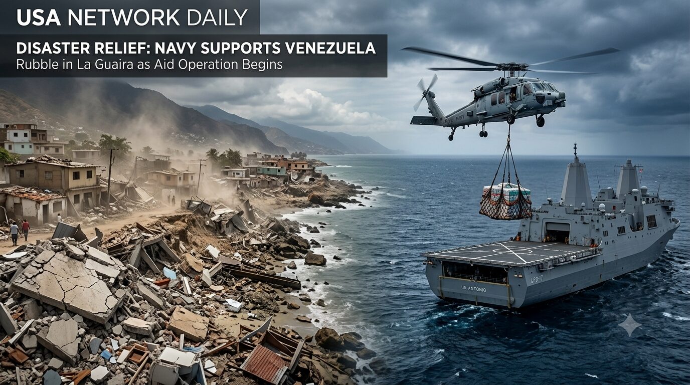 A military helicopter carrying emergency humanitarian supplies from an offshore naval ship to the damaged coastline during the Venezuela earthquake response.
