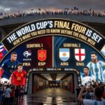 Stadium entrance graphic celebrating the World Cup's final four teams, showcasing players from France, Spain, Argentina, and England under a banner reading The World Cup's Final Four is Set.