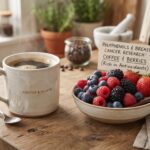 "Cup of coffee next to fresh berries, representing polyphenol rich foods linked to breast cancer research