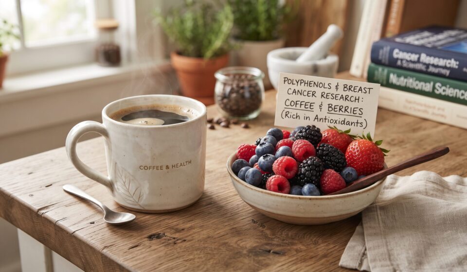 "Cup of coffee next to fresh berries, representing polyphenol rich foods linked to breast cancer research