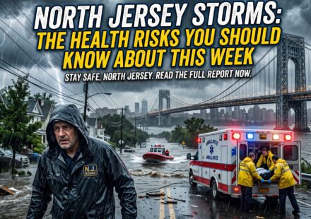 Dramatic storm scene in North Jersey featuring flooded streets, an emergency ambulance near the George Washington Bridge, with text overlay: North Jersey Storms: The Health Risks You Should Know About This Week