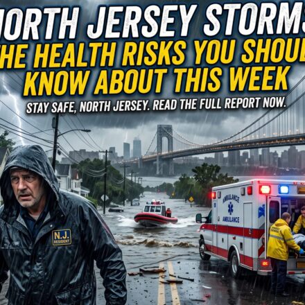 Dramatic storm scene in North Jersey featuring flooded streets, an emergency ambulance near the George Washington Bridge, with text overlay: North Jersey Storms: The Health Risks You Should Know About This Week