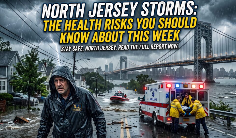 Dramatic storm scene in North Jersey featuring flooded streets, an emergency ambulance near the George Washington Bridge, with text overlay: North Jersey Storms: The Health Risks You Should Know About This Week