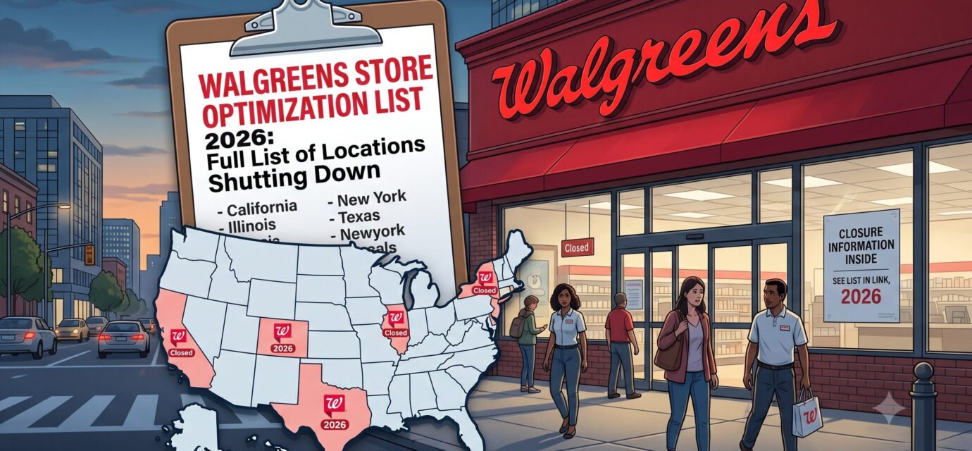 Illustration of a Walgreens storefront next to a US map highlighting states affected by 2026 store closures and a clipboard listing shutting down locations.