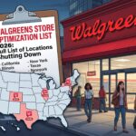 Illustration of a Walgreens storefront next to a US map highlighting states affected by 2026 store closures and a clipboard listing shutting down locations.