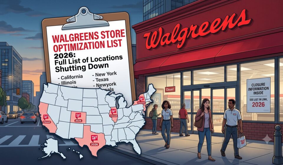 Illustration of a Walgreens storefront next to a US map highlighting states affected by 2026 store closures and a clipboard listing shutting down locations.